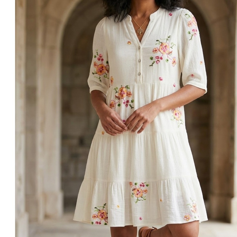 Fig and Flower Cream Embroidered Floral Tiered Gauze Mini Dress Petite Small PS